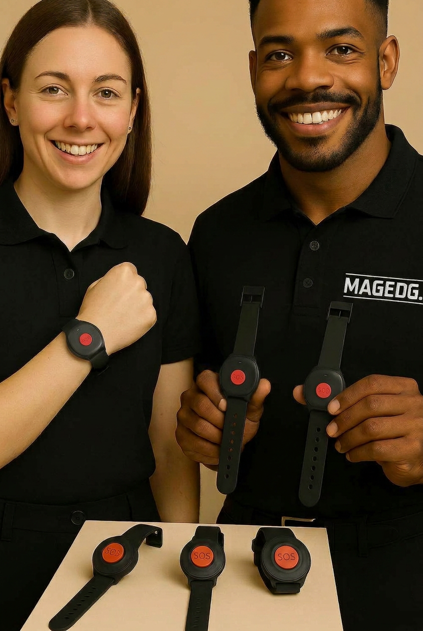 MagEdge staff holding SOS wristbands ready for issue