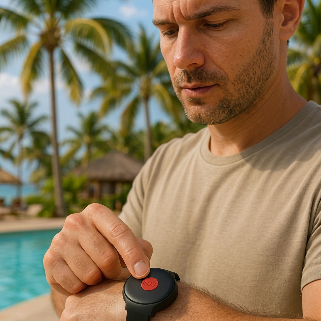 A guest pressing the SOS button on a wristband