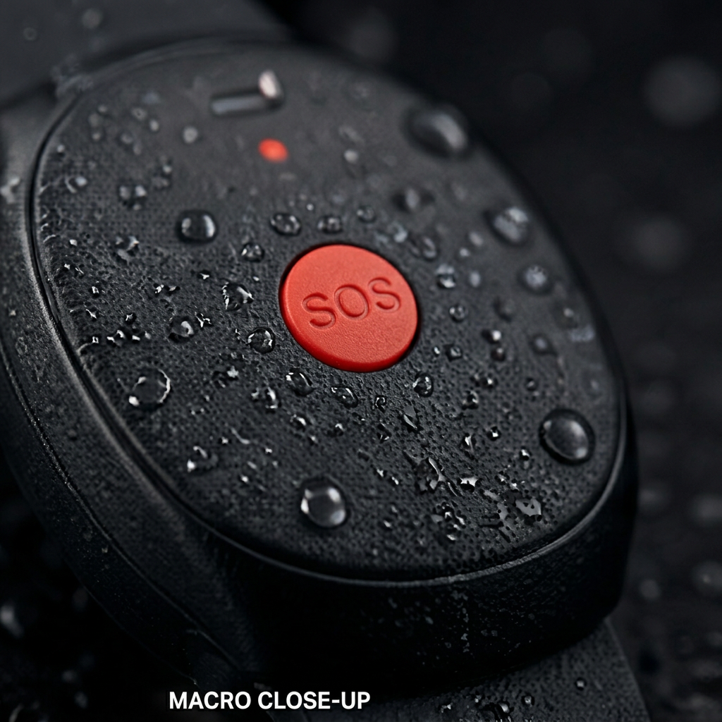 MagEdge SOS wristband macro close-up with water droplets