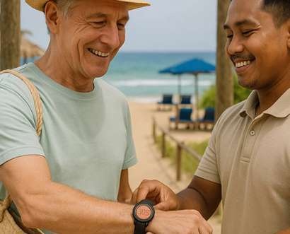 A staff member handing a wristband to a guest at check-in