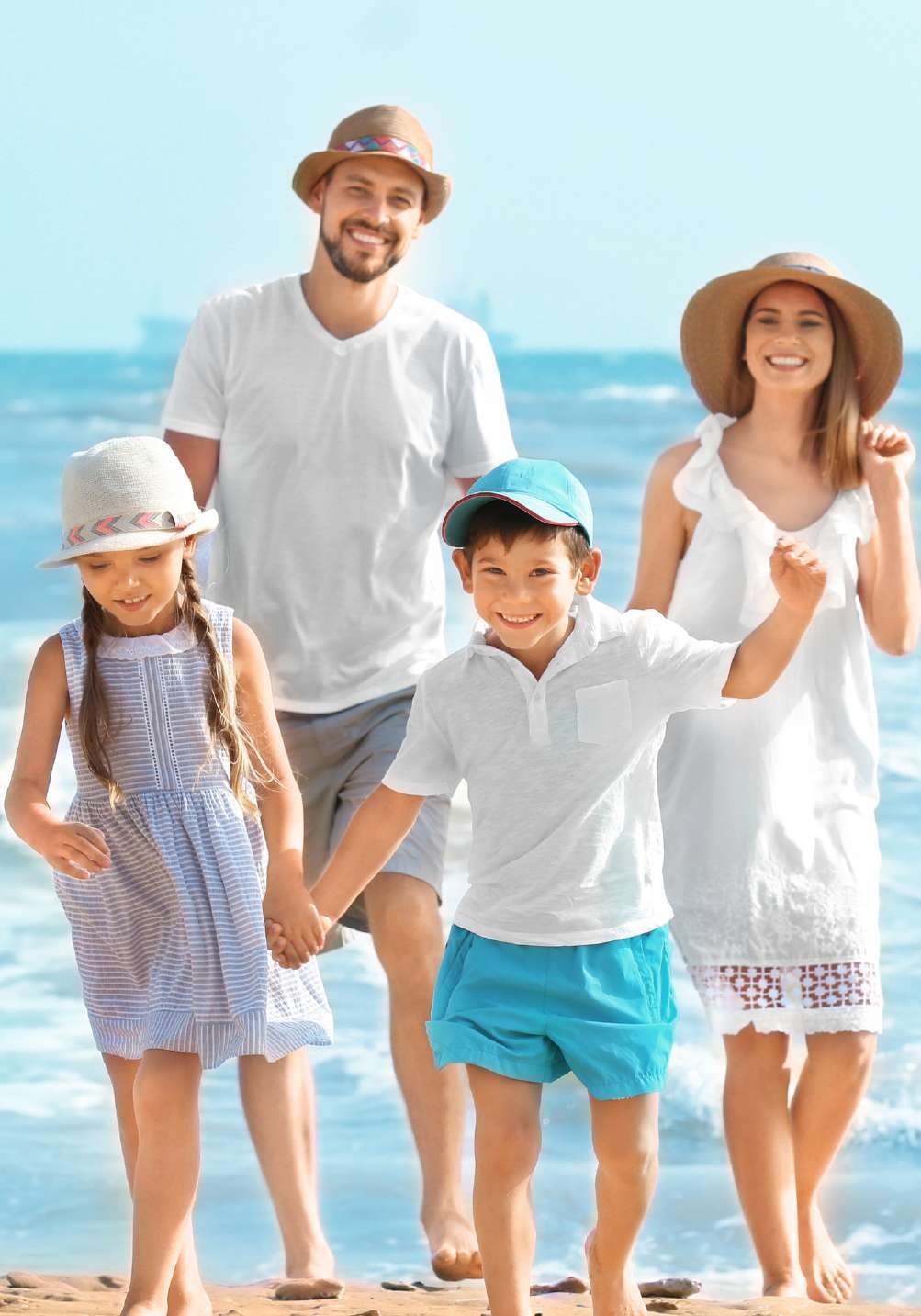 A family relaxing near the water at a resort