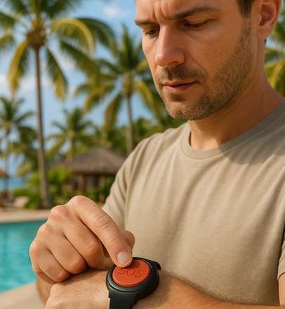 A guest pressing the SOS button on a wristband