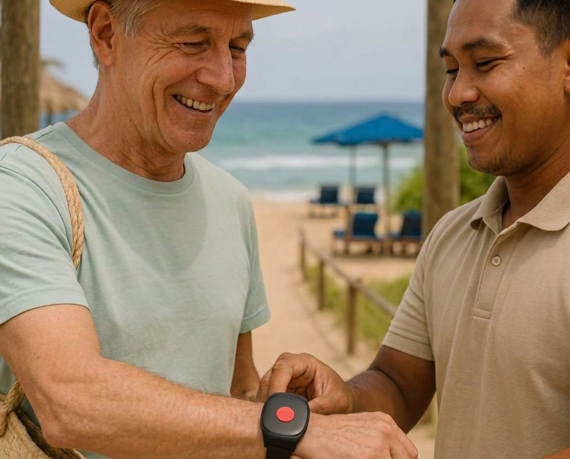 A resort staff member fitting a MagEdge wristband on a guest by the beach